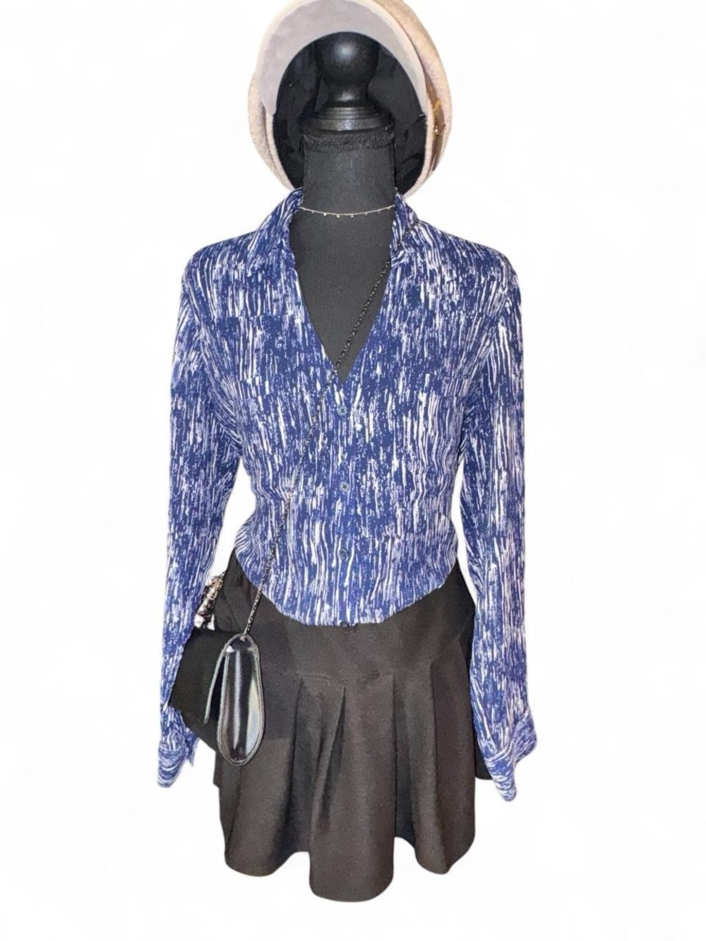 Express Blue Patterned V-Neck Button Blouse